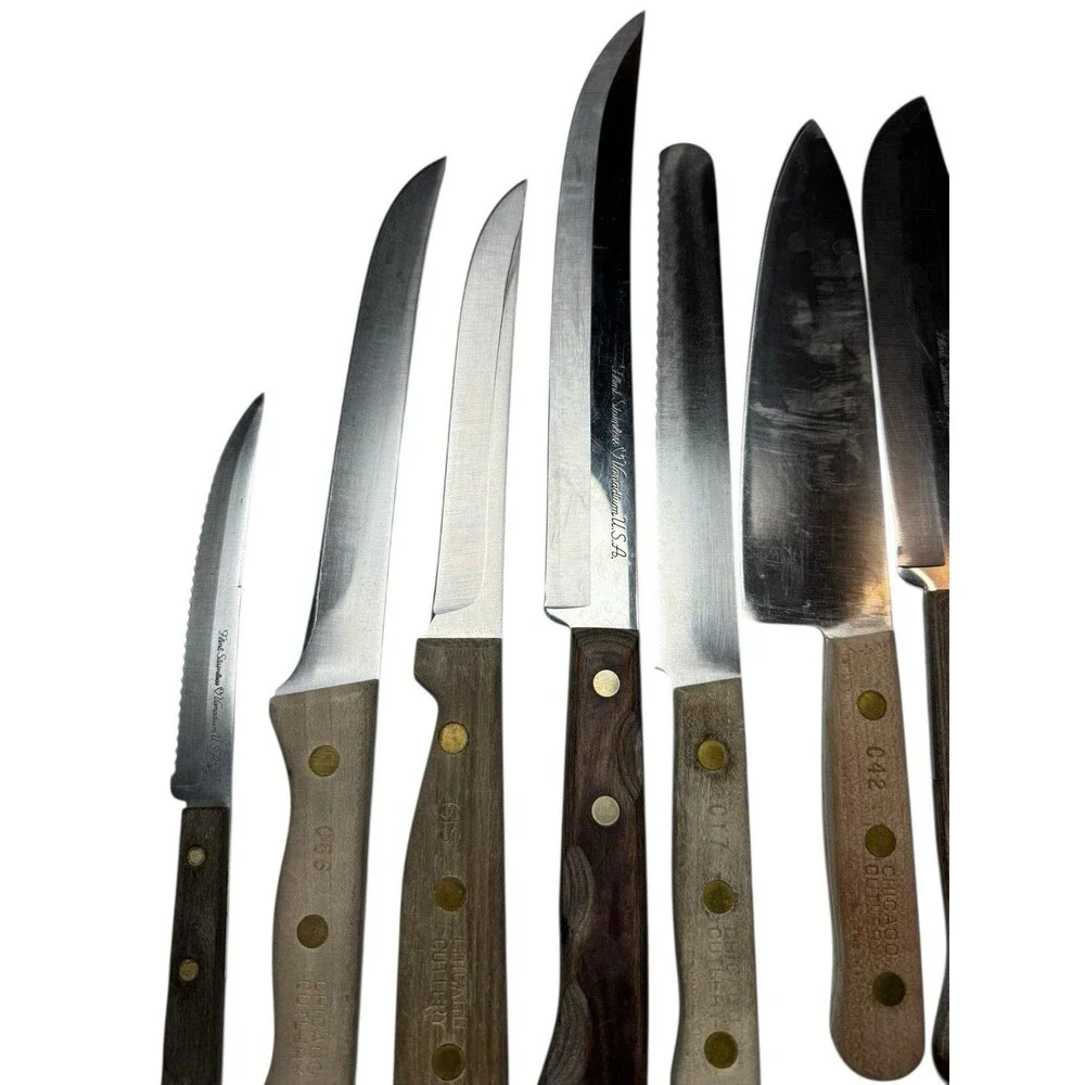 Mixed Lot 7 Vintage Vanadium Chicago Knives Wood Handle MCM Chef Bread